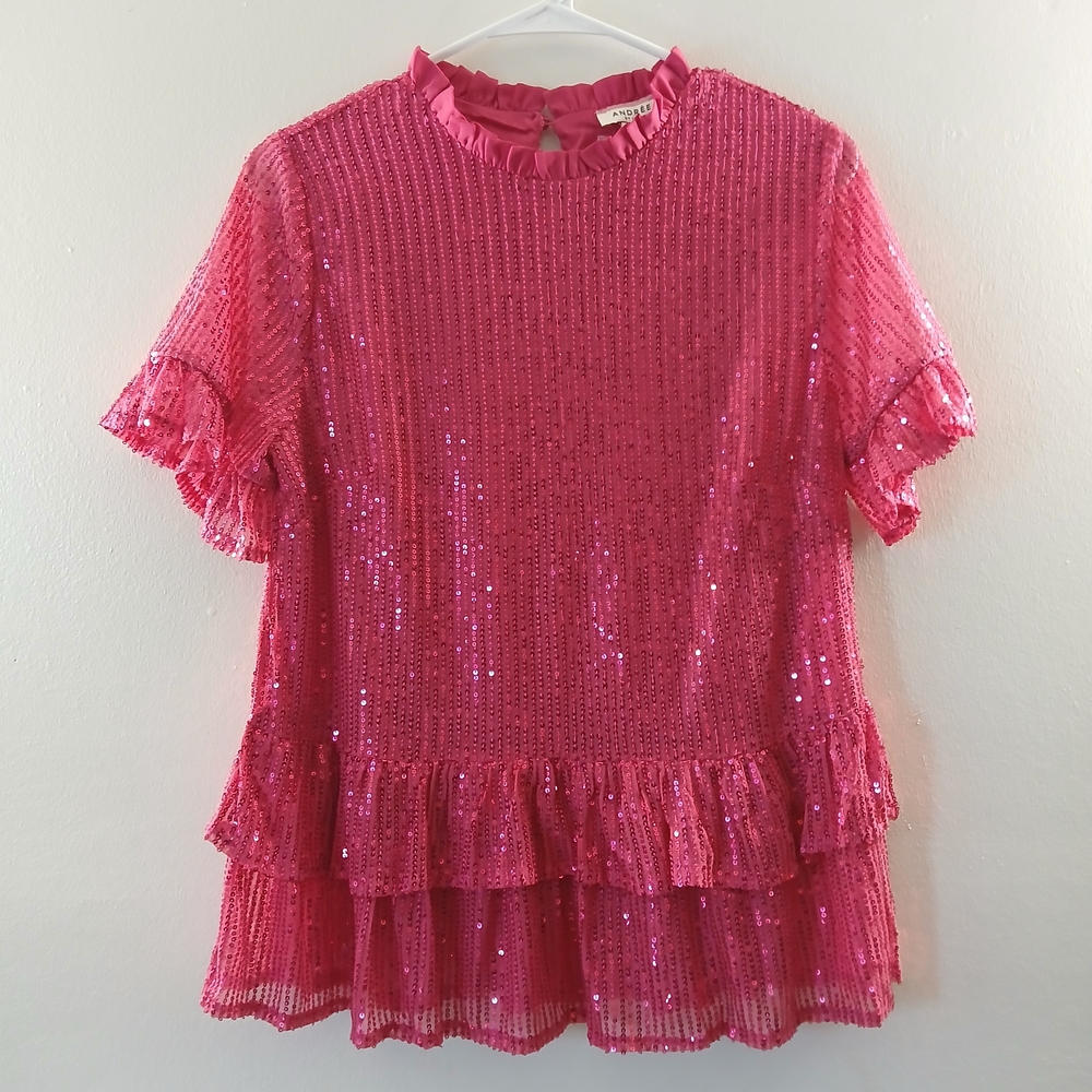 Fuchsia Pink Sequin Sparkle Party Event Blouse